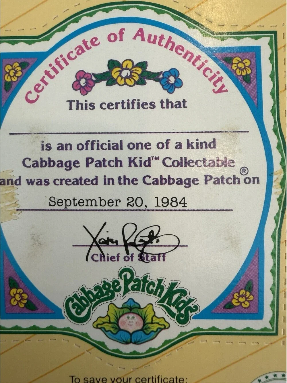 Vtg 1984 Cabbage Patch Kids 1st Edition Jennifer Lillian W/Rattle NIB